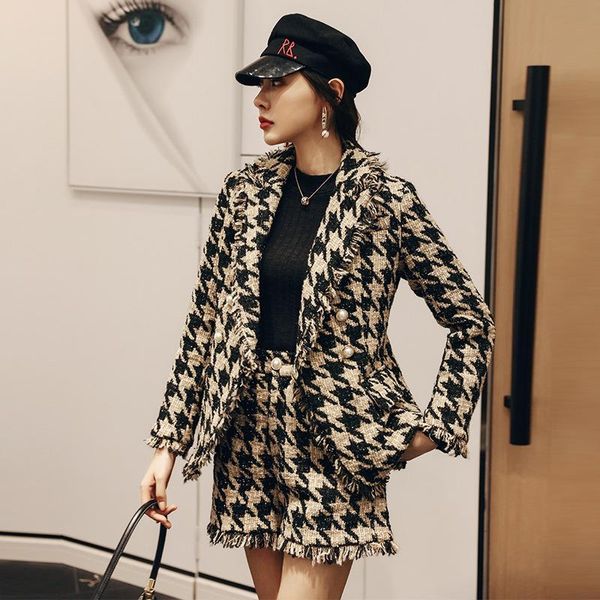 

women's jackets yigelila thousand bird lattice tweed pearl buckle slim fit fashionable personality casual suit 91046, Black;brown