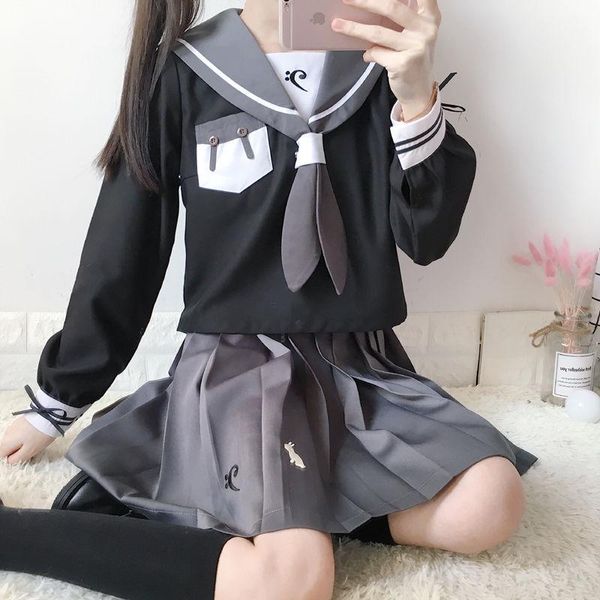 

clothing sets jk school uniform girl long sleeve pleated skirt japanese sailor suit middle class, White