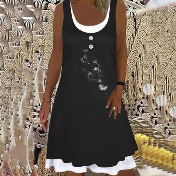 

casual dresses fake two piece for women dandelion print dress sleeveless beach o neck party vestido de mujer #35, Black;gray