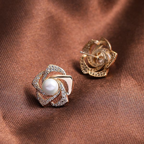 

925 silver needle zircon revolving pearl earrings, Golden;silver