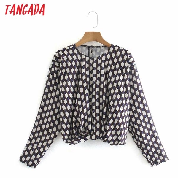 

women retro geometry print crop blouse long sleeve chic female casual shirt blusas femininas xn74 210416, White