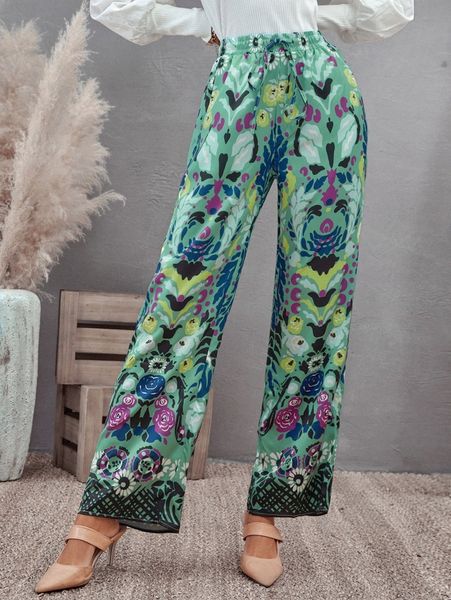 

floral print wide leg pants k0ek#, Black;white