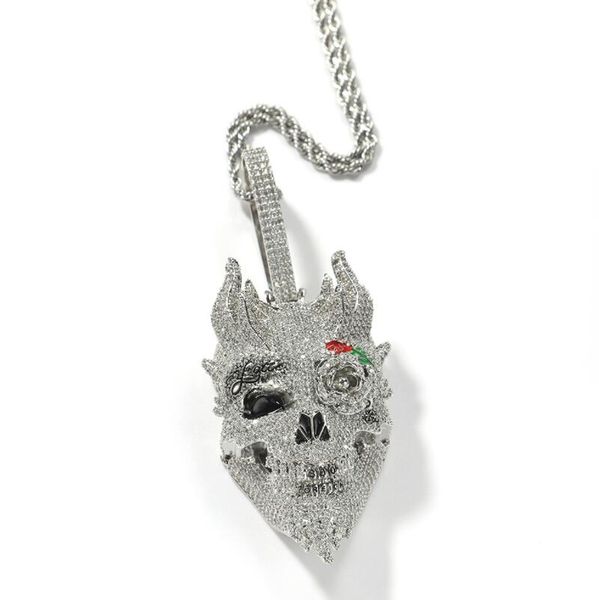 

hip hop rose skull pendant necklaces for men women luxury designer mens bling diamond gold chain necklace jewelry love gift, Silver