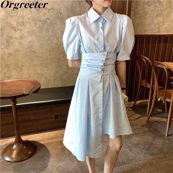 

chic design two ways to wear irregular shirt dress women summer lapel puff sleeve button elastic girdle korean 210602, White