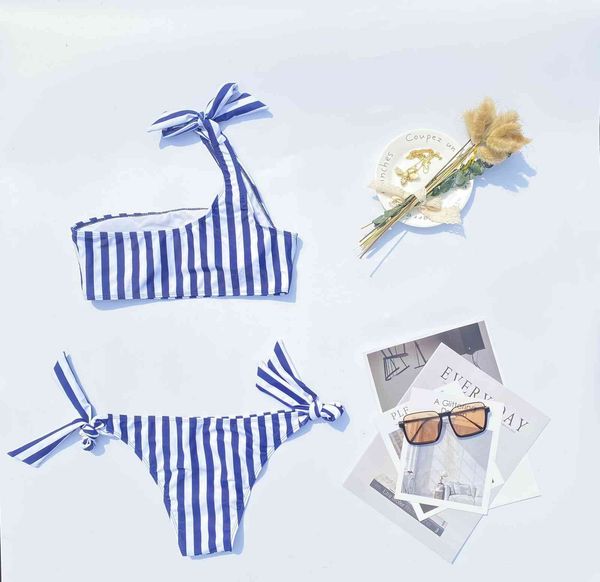 

bikini matching 2020 color new striped two piece navy slant shoulder lace up split swimsuit, White;black
