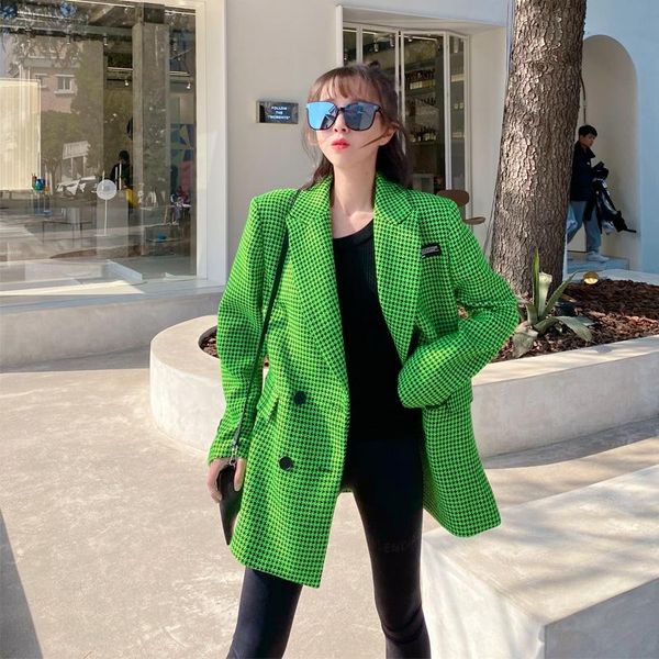 

women's wool & blends 2021 autumn blazer coat woman temperament fashion single breasted plaid wools jacket suits jackets ladies loose, Black