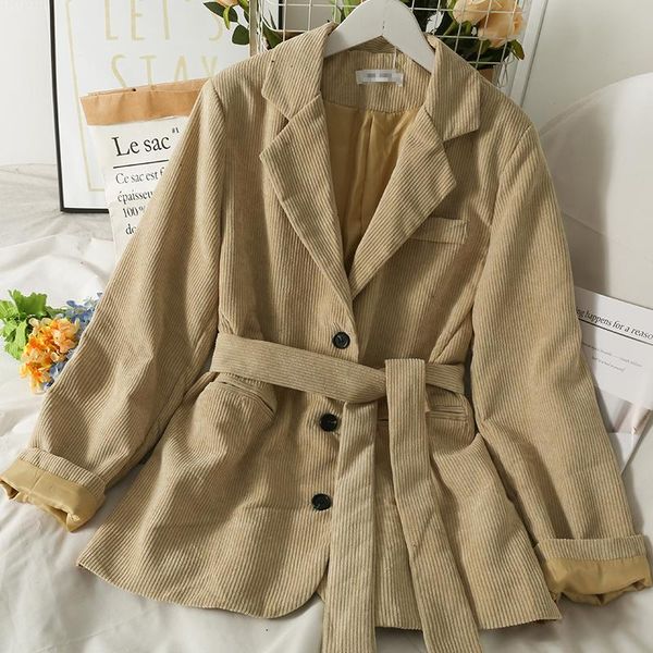 

women's suits & blazers vintage harajuku corduroy blazer women with sashes solid pockets streetwear korean style casual basic coats fem, White;black
