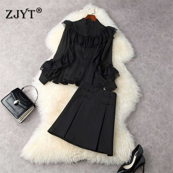 

elegant designers spring women 2 piece outfits fashion long sleeve ruffles lace patchwork blouse and skirt suit sets 210601, White