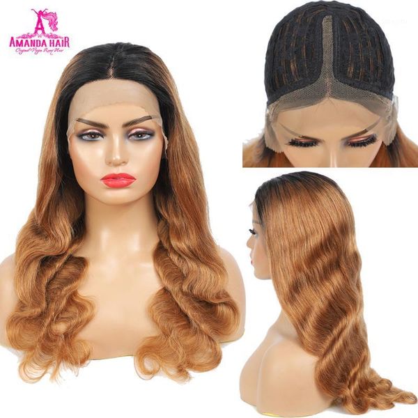 

amanda ombre body wave wigs 13x1 lace part brazilian human hair 150 density remy #1b/30 t with baby hair1, Black;brown