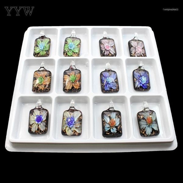 

12pcs multicolor inner flower lampworking glass pendant 2021 fashion jewelry accessories lampworked rectangle female pendant11, Black