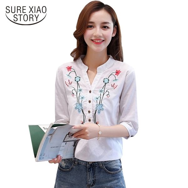 

cotton and linen v-neck half sleeves casual loose women blouse summer embroidered office lady shirt blusas 812f 30 210415, White