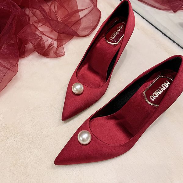 

size 31-43 french new pearl high heels women's thin spring and autumn shallow mouth versatile pointed single shoes red wedding, Black