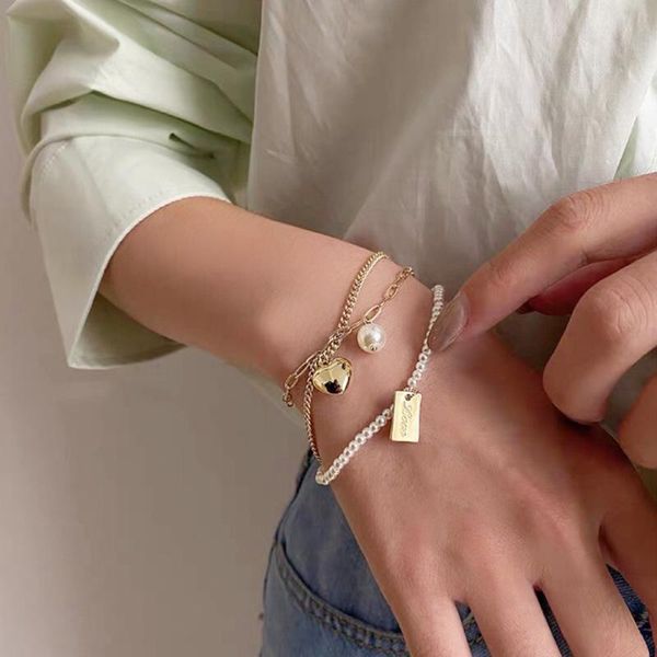 

bangle v-223 pearl multi-layered wearing chain long letter love pendant bracelet japanese and korean style fashion personality, Black