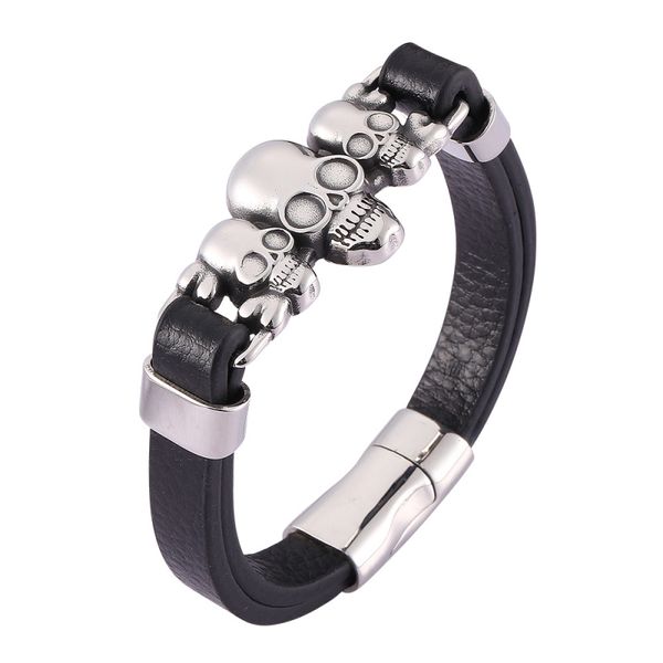 

factory design stainless steel skull charm black leather bracelet, Golden;silver