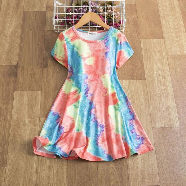 

girl's dresses girls dress summer tie-dye o-neck short sleeve princess casual holiday vocation beach clothes 2-6 years vestidos de vera, Red;yellow