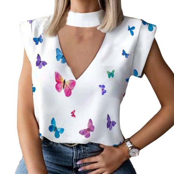 

women's t-shirt women sleeveless butterfly printed hollow v-neck 2021 fashion ol elegant cut out v neck loose fit t shirt, White