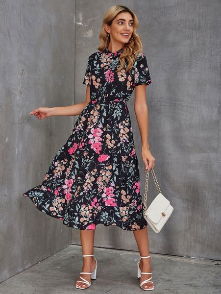 

mock neck floral print half button ruffle hem dress d6za#, Black;gray