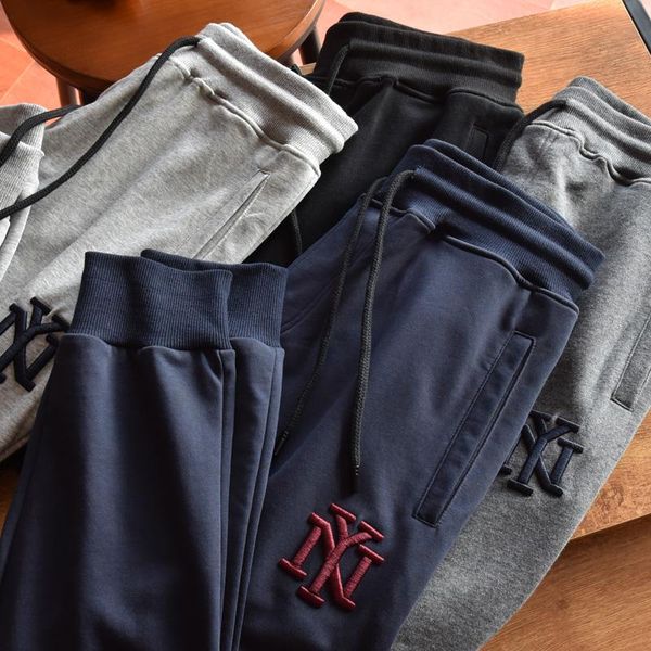 

men's pants autumn american simple terry embroidery sweatpants fashion pure cotton loose elastic waist drawstring sport casual, Black