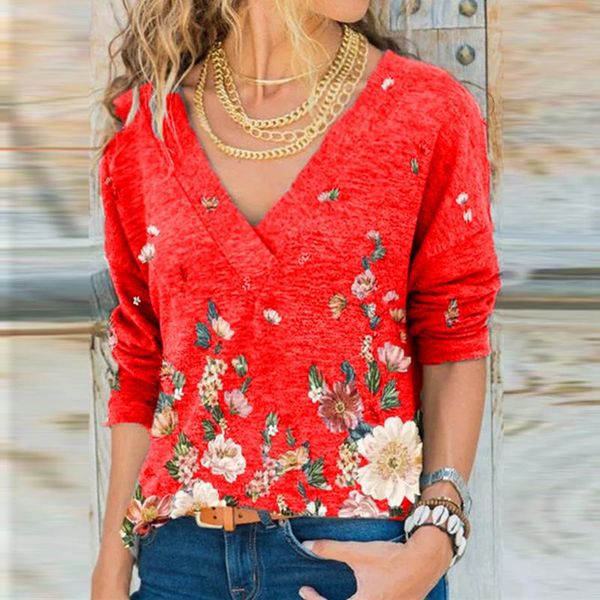 

women's blouses & shirts floral print womens and 2021 spring summer v neck long sleeve pullover shirt blouse plus size 5xl loose top, White