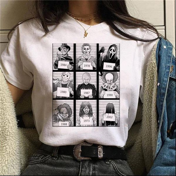 

graphic tees short sleeve clown women print horro halloween grunge round neck clothes white