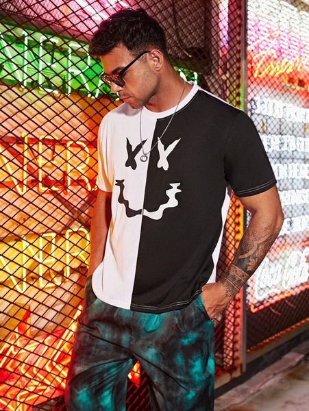 

extended sizes men expression print colorblock tee j1od#, White;black