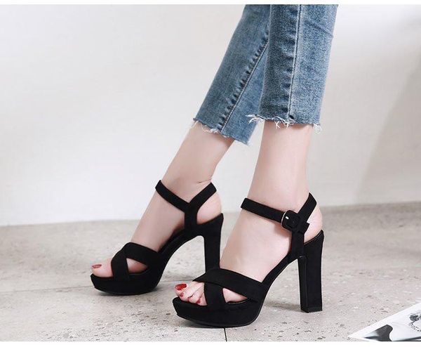 

women high heels shoes 2021 spring summer peep toe thin sandals buckle strap party plus-size 34-39, Black