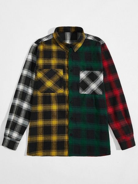 

men color-block plaid pocket front flannel shirt x3hd#, White;black