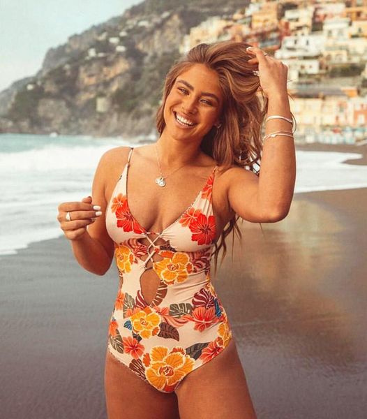 

floral printed one piece swimsuit female hollow out bandage monokini push up bathing suit beachwear one-piece suits