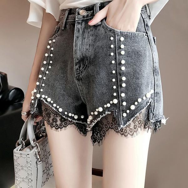 

women's jeans women denim shorts imitation pearl beading lace splic wide-legged pants slim and thin high waist tide pants,a394 wy7k, Blue