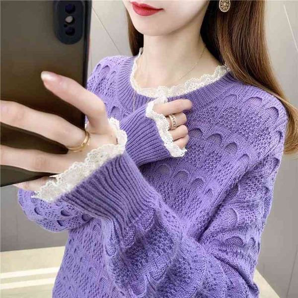 

women lace stitching short sweater women spring and autumn spring and autumn loose womens knit sweater for outer wear, White;black
