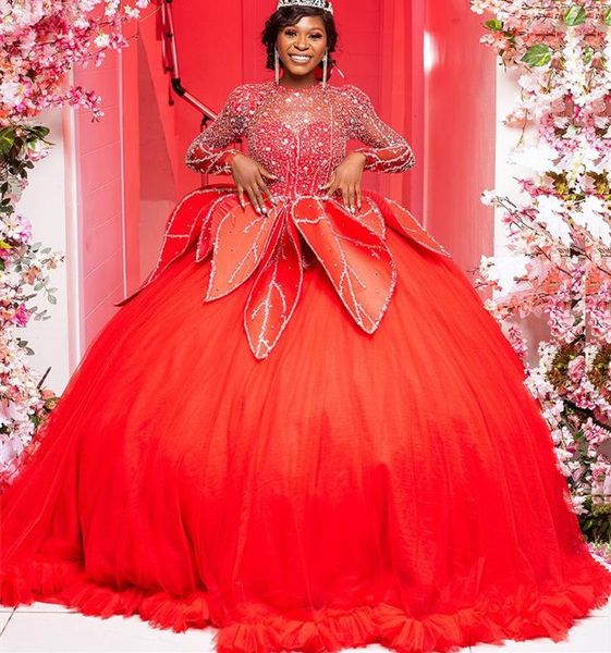 

2022 plus size arabic aso ebi red luxurious sparkly quinceanera dresses beaded sequins tulle prom pageant birthday gowns dress zj403, Blue;red
