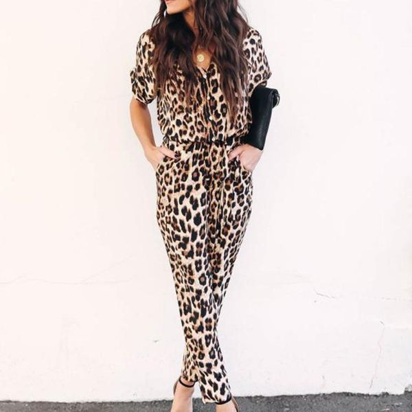 

fashion overalls office pocket womens jumpsuit v neck casual leopard print trousers, Black;white