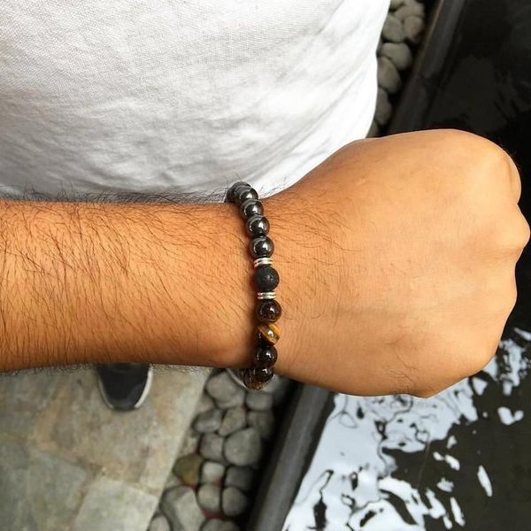 

charm bracelets 2021 fashion men bracelet 8mm black lava stone bead trendy for handmade jewelry gift pulseira hombres, Golden;silver