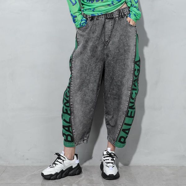 

women's jeans fashion casual high elastic waist zip design 2021 summer harem pants chic letter patchwork big size woman, Blue