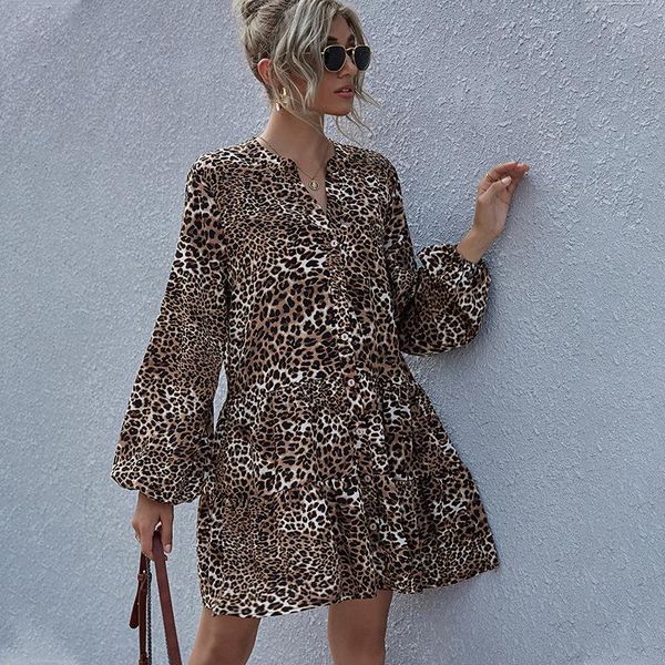

casual dresses women dress 2021 spring summer leopard print long lanter sleeve buttons loose oversized fashion streetwear homewear lady clot, Black;gray