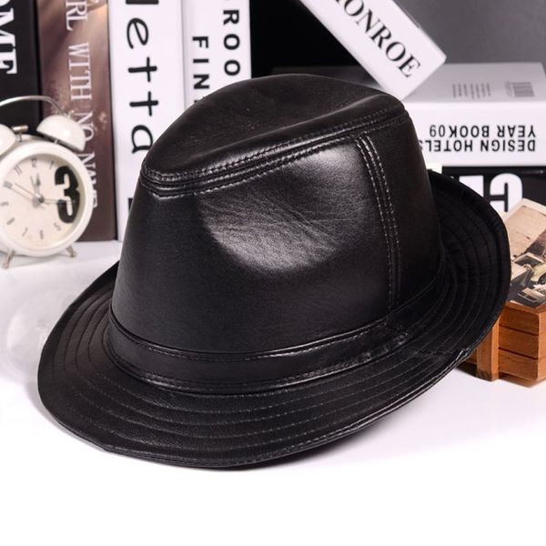 

winter genuine leather hats for men women british gentlemen wide brim stetson fedoras fitted brown male, Blue;gray