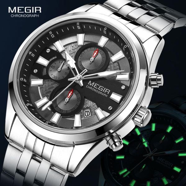 

wristwatches megir 2021 watches men waterproof luminous business sports wristwatch stainless steel chronograph quartz watch man, Slivery;brown