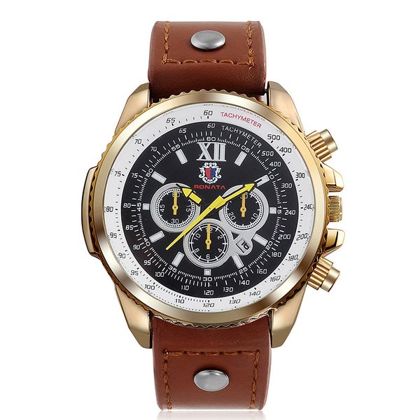 

new men's watch casual fashion outdoor sports large dial fake three-eye quartz calendar watches, Slivery;brown