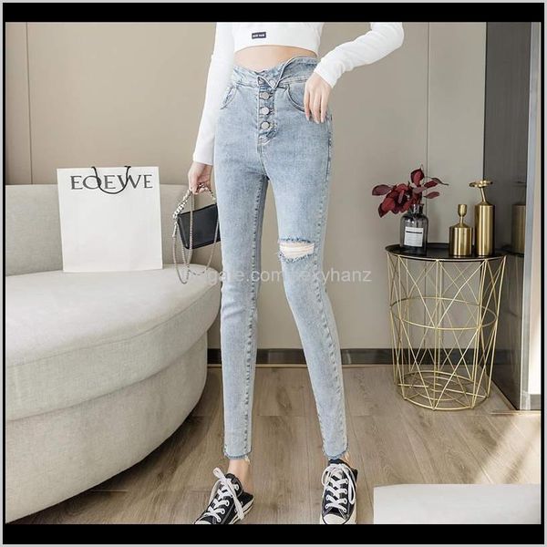 

clothing apparel drop delivery 2021 retro hong kong style jeans womens hollowedout feet anklelength pants thin highwaisted and ripped croppe, Blue