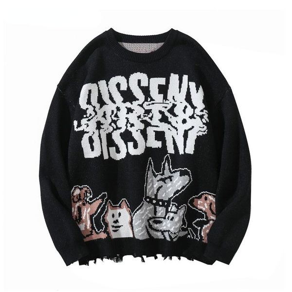 

men's sweaters 2021 harajuku streetwear knitted cartoon cat dog jumpers hip hop casual sweater fashion mens loose knitwear, White;black