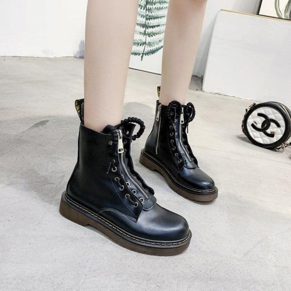 

boots ladies autumn black ankle women's lace-up zipper pro-wear lining flat girls non-slip fashion all-match casual
