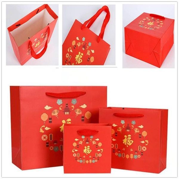 Anno Festival di primavera Regalo rosso cinese Sacchetto di carta Imballaggio Borsa da sposa Bomboniera Bomboniere Borse avvolgenti