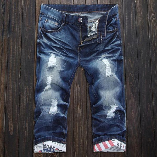 

mens jeans spring summer cotton thin ripped holes slim cropped trousers pants pocket zipper scratch denim straight shorts men's, Blue