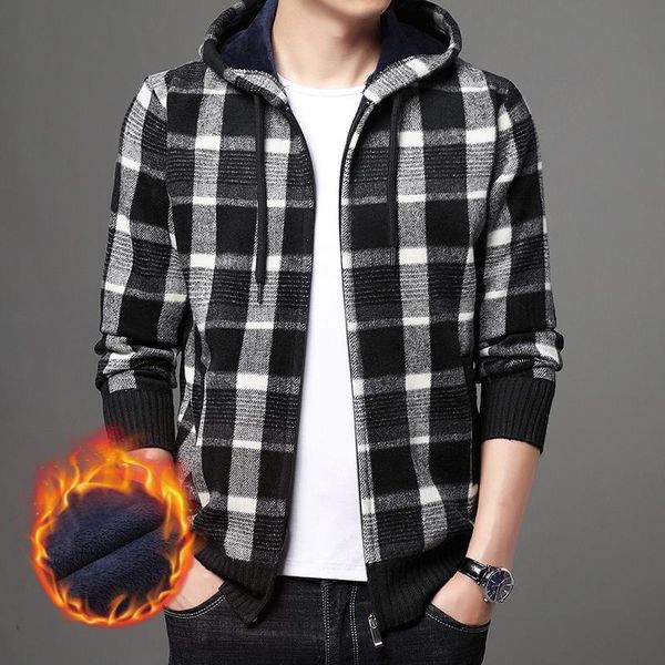 

men's sweaters 2021 autumn korean hooded with thick and velvet cardigan knitted sweatercoats grid stripe jacket male -3xl, White;black