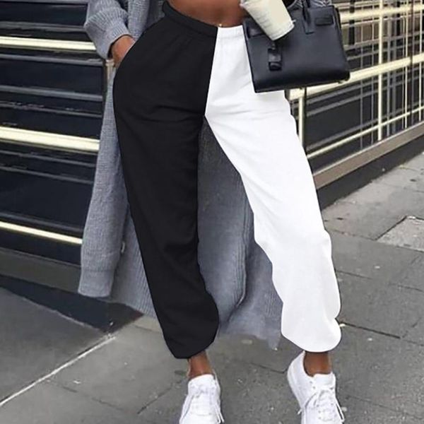 

women's pants & capris women patchwork harem novelty long pant winter spring elastic waist loose trousers female high street casual spo, Black;white