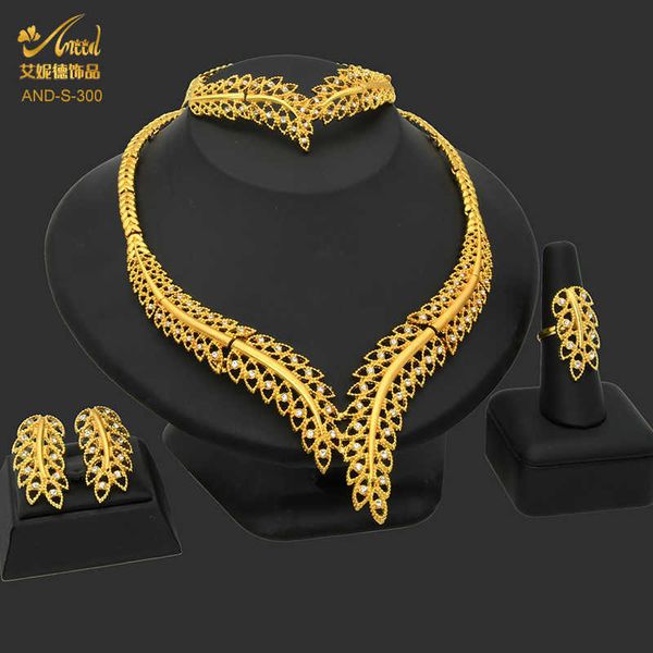 Aniid New Dubai Gargantilha Jóias Conjuntos Bridal Luxo 24k Cor de Ouro Etiópia Jóias Colar Brinquete Brinco Anel Set Indian H1022