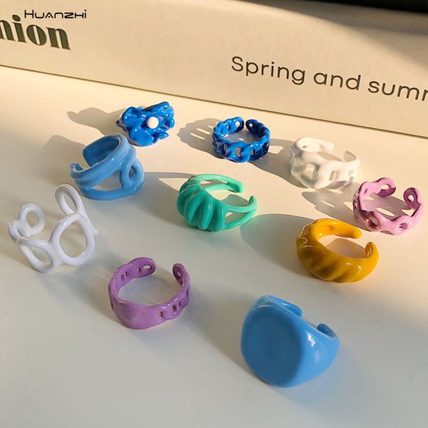 

huanzhi 2021 trendy colorful dripping oil geometric hand-painted irregular open rings for women party jewelry, Silver