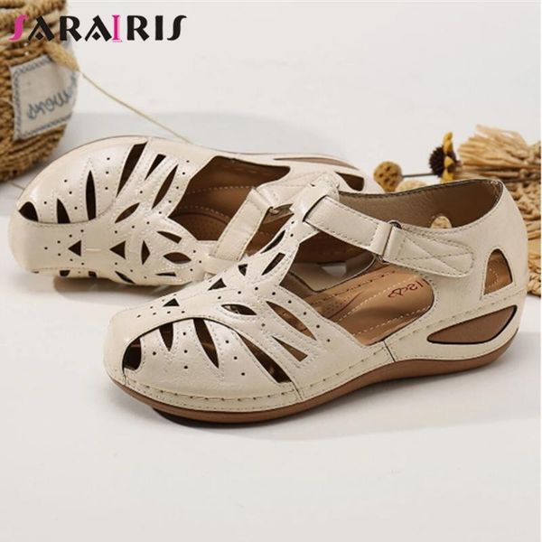 

sandals sarairis solid hook loop round toe women wedges casual comfy vintage retro ladies shoes, Black