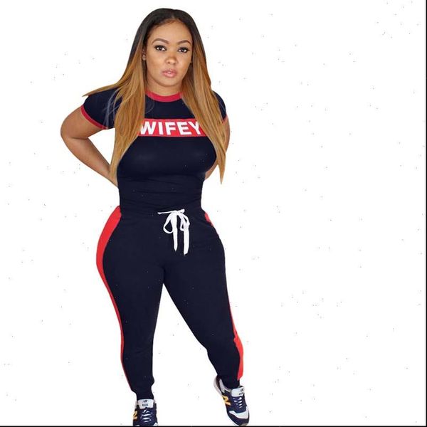 

summer casual two pieces womens tracksuits set track suit sport short sleeve letter print red stripe long woman sets clothes, Gray