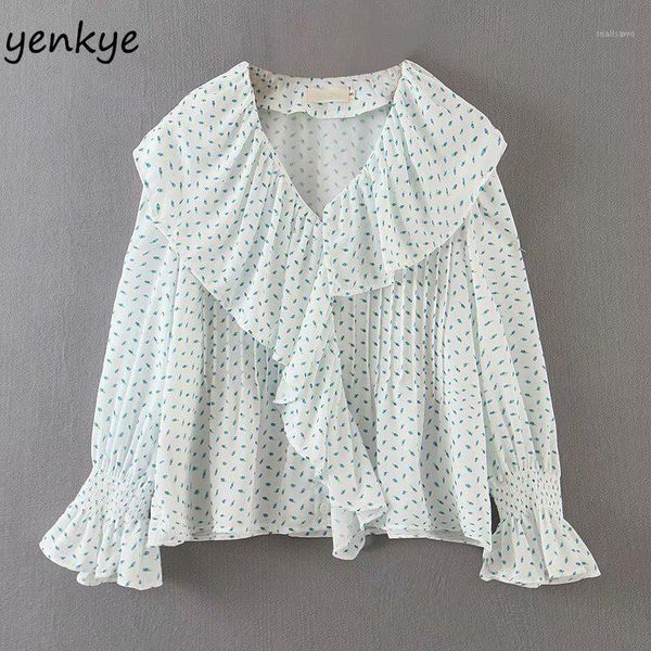 

women's blouses & shirts fashion 2021 women sweet print ruffle blouse shirt long sleeve v neck casual summer streetwear plus size blus, White